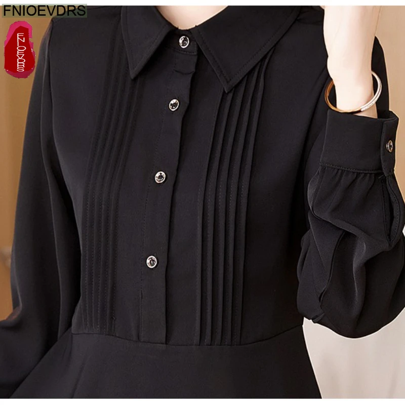Elegant Black Basics Shirts New Fashion Woman Autumn Spring Long Sleeve Solid Retro Office Lady Button Peplum Tops Blouses