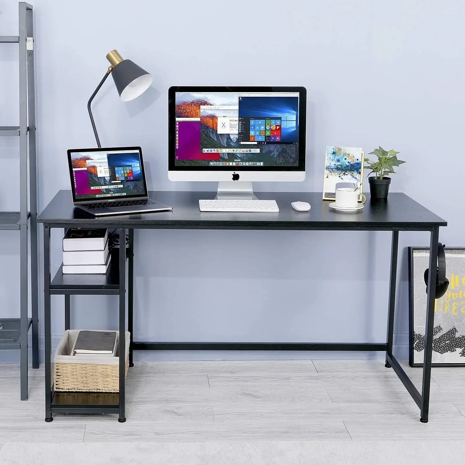 Homfa Computer Desk w/Open Storage Shelves 120x60 cm, Multifunction Trestle Desk, Home Office Desk/Studio Workstation