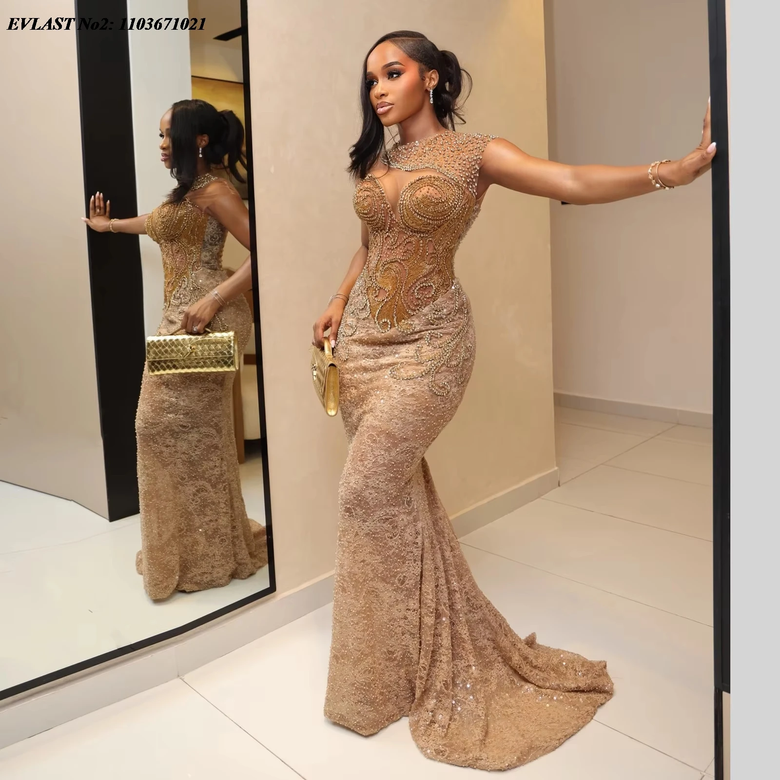 EVLAST Customized Aso Ebi Beading Prom Dress Champagne Gold Sequin Lace Evening Party Gown African Women Robe De Soiree SP121
