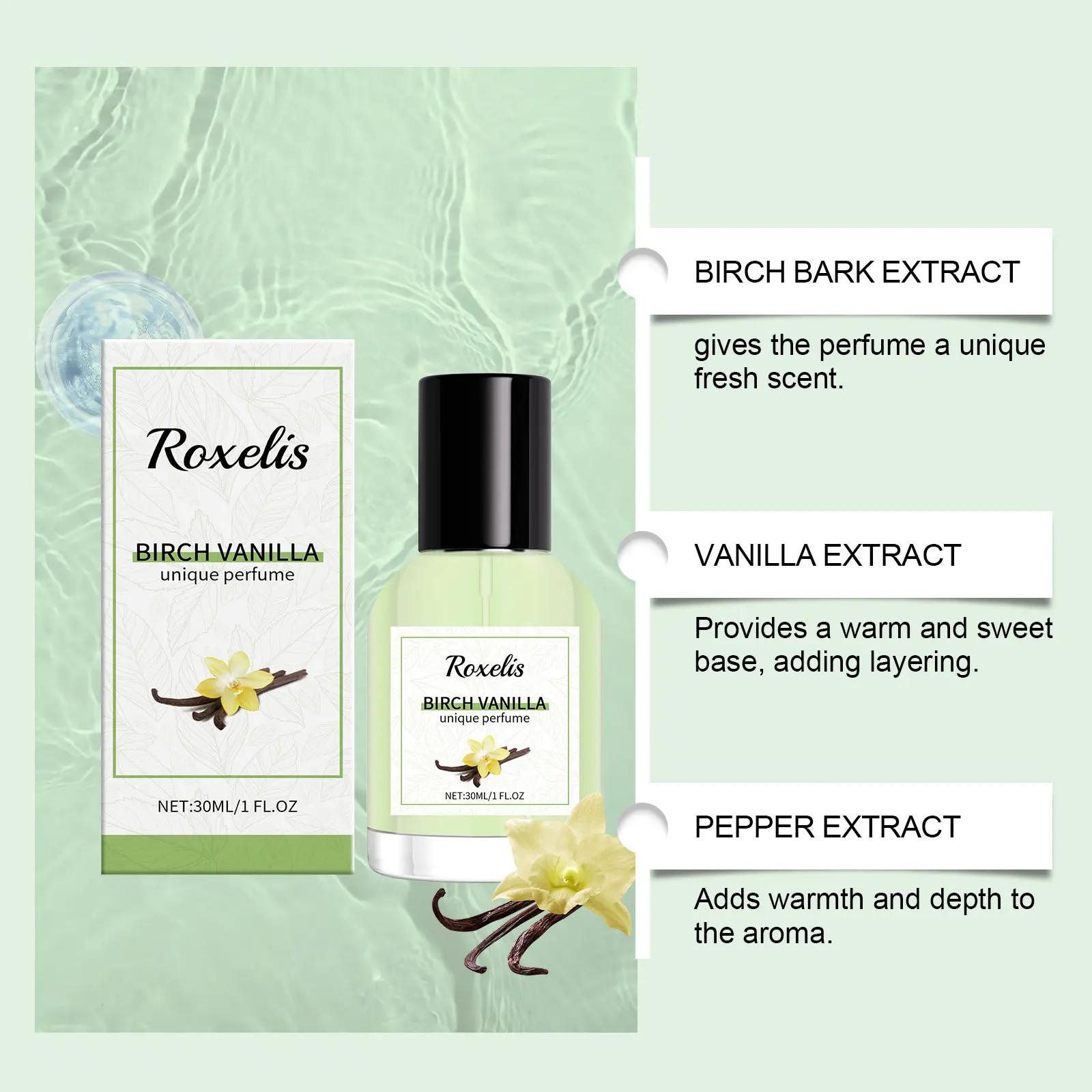 Roxelis bétula baunilha fragrância única data charme perfume bétula baunilha fragrância leve elegante encantador perfume portátil