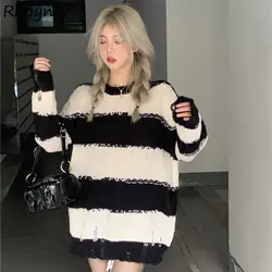 Sweater Pullovers Women Autumn Winter Female Sexy Striped Long Sleeve Knit Streetwear Y2K Vintage Hollow Out Loose Hole Gothic