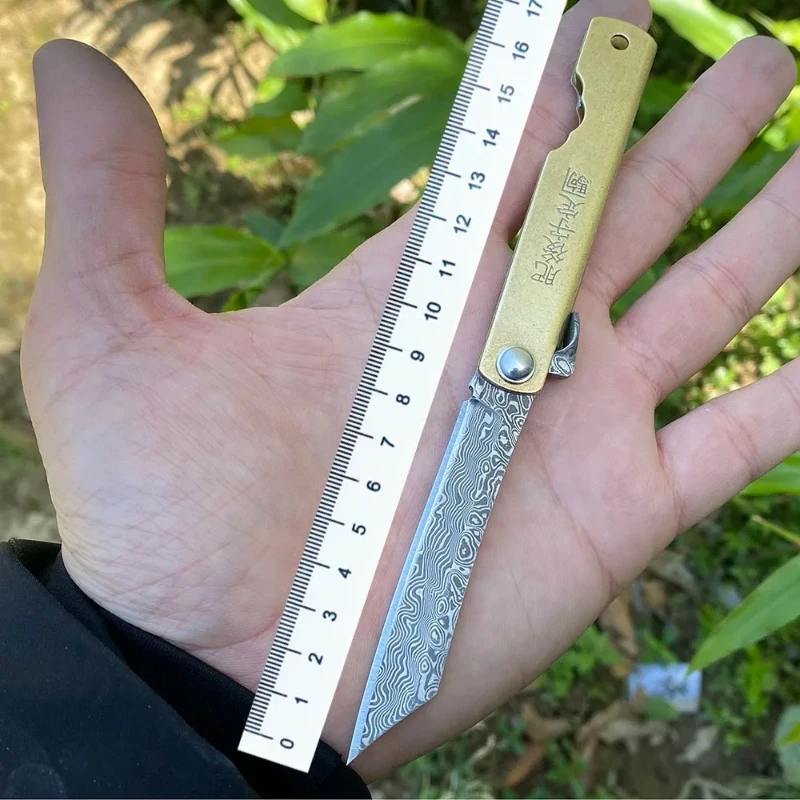 

Portable Damascus Folding Knife with Knife Sheath Handle Material Copper Outdoor Travel Camping Cutting Tool Holiday Gift