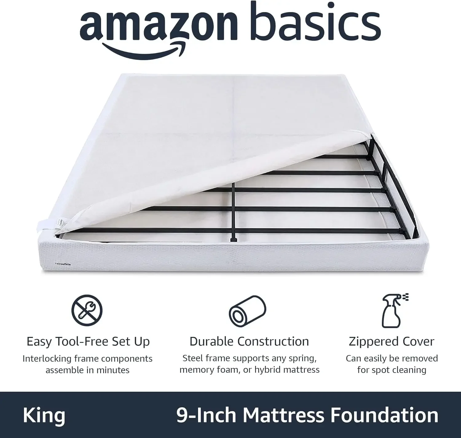 Smart Box Spring Bed Base, 9-Inch Height Mattress Foundation, Tool-Free Easy Assembly, King, 79