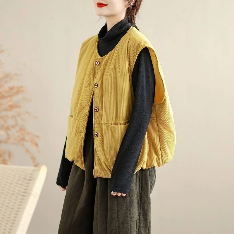 Chaleco de pana amarillo Retro japonés, Chaqueta de algodón para mujer, chaleco holgado sin mangas para primavera y otoño, Top corto w1472