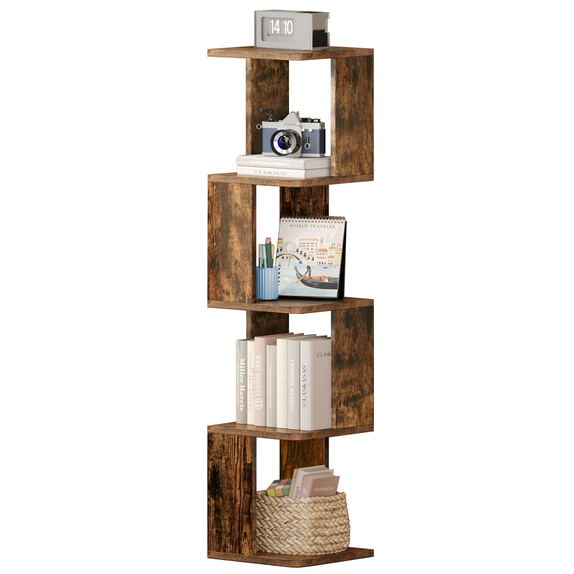 Wood Corner Shelf 4 Tier Zig Zag Bookcase Bookshelf Display Storage Rack