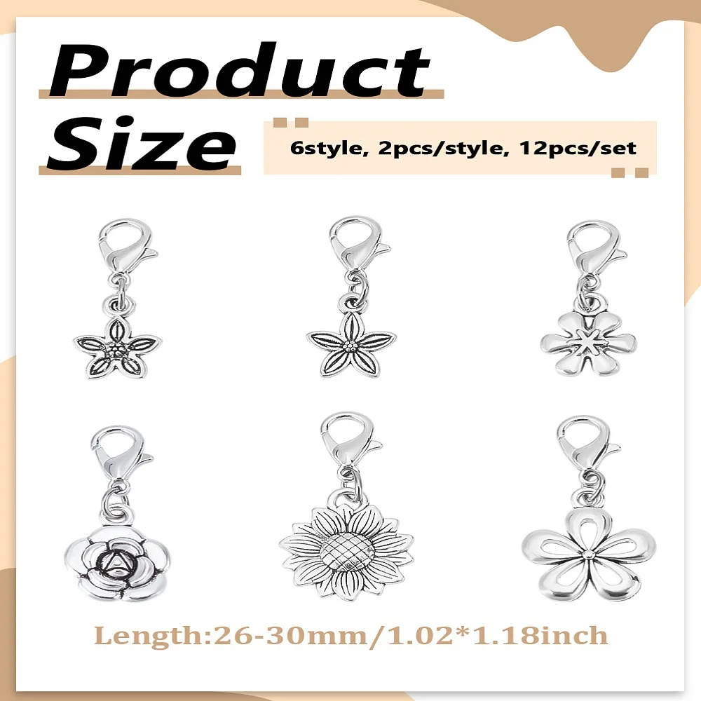 12Pcs 6Style Alloy Pendant Decorations with Alloy Lobster Claw Clasps Flower Silver Platinum 26~30mm 2pcs/style