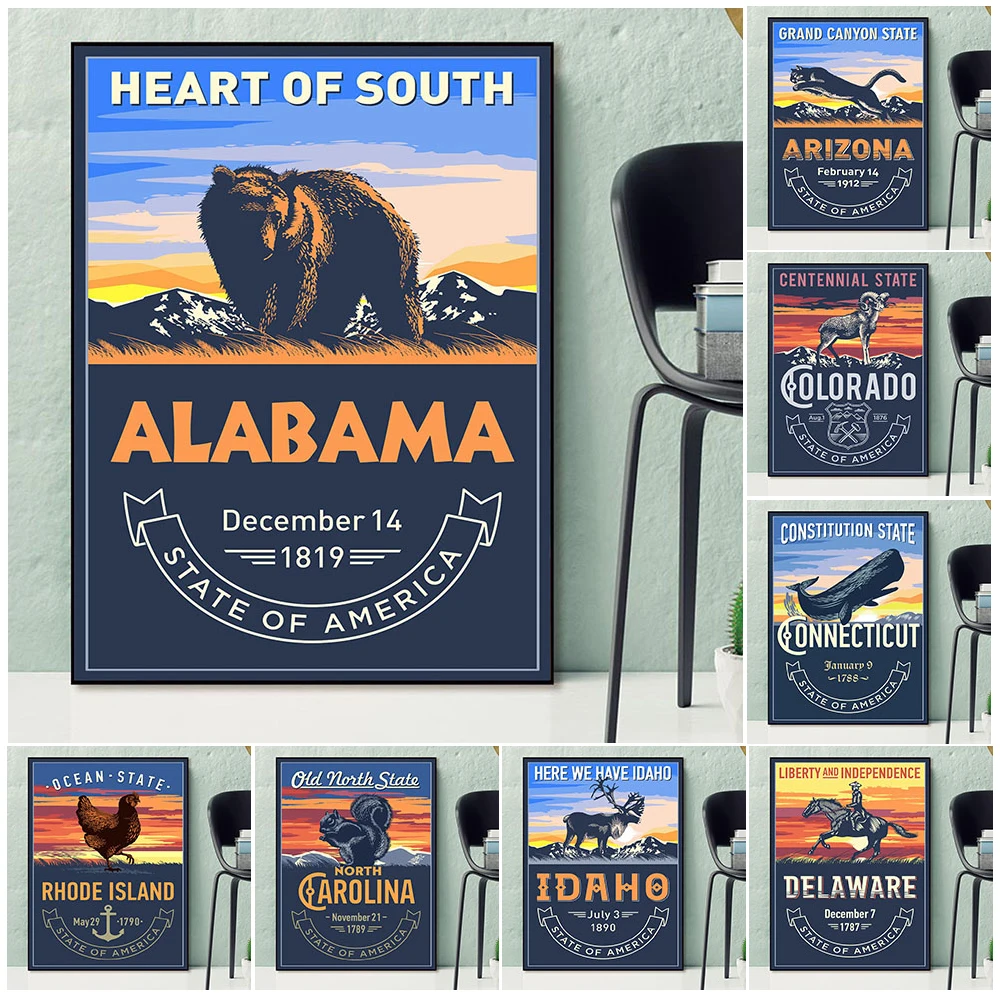 

United States Alabama,Arizona,California,Idaho Art Prints Retro Travel State Poster Prints Home Decor Regional Emblem Wall Art