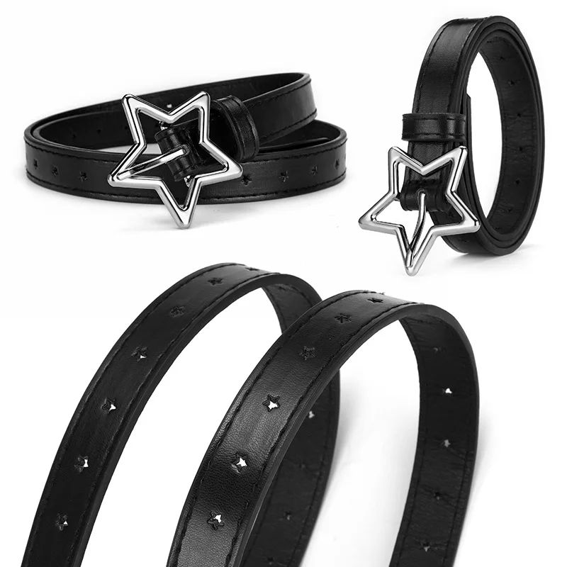 Leather Belt Hollow Star Buckle Candy Colors Kids Waistbands for Boy Girl Lady Women PU Adjustable Metal Belt Cloth Decoration