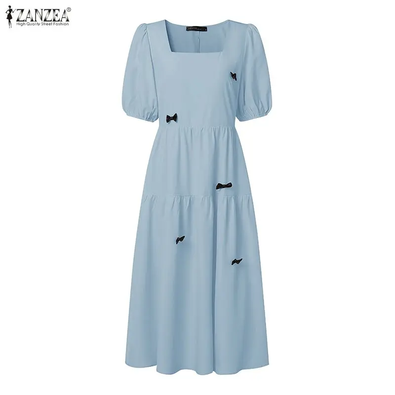 ZANZEA Elegantes A-Linien-Partykleid mit Schleife, Sommerkleid für Damen mit eckigem Ausschnitt, Puffärmeln, geraffter Taille, Midi-Kleid für den Urlaub, Arbeitskleid