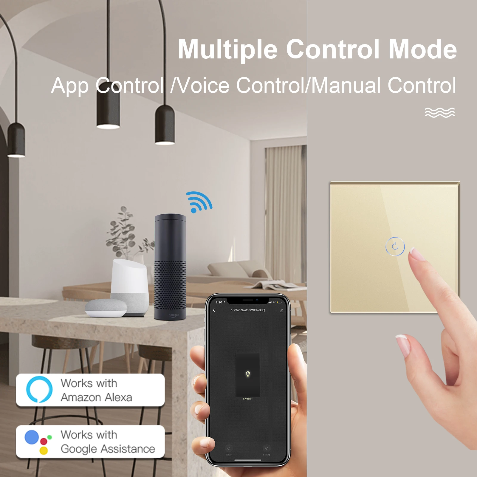 BSEED 2Pack Light Wifi Touch Switch 1Gang 1/2/3Way Smart Wall Switch Wireless Alexa Switches Tuya Smart Home Switch 2 Positions