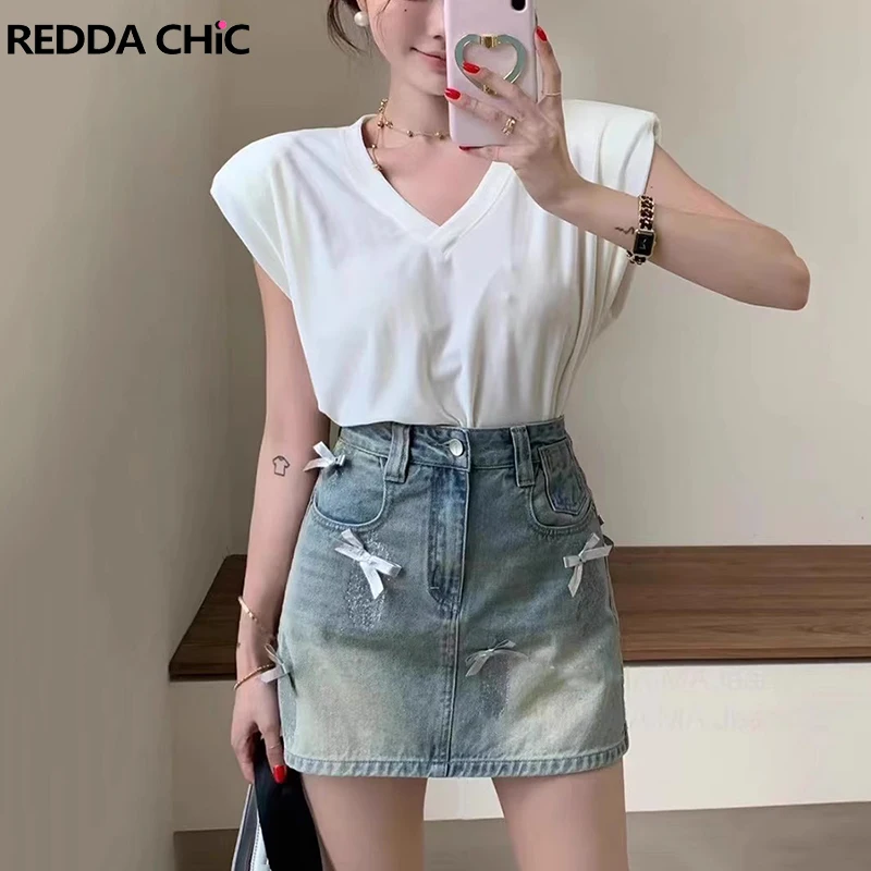 ReddaChic Glitter Bow Stitch Denim Skirt Women Y2k Cute A-line High Waist Vintage Wash Whiskers Mini Skirt Korean Summer Clothes