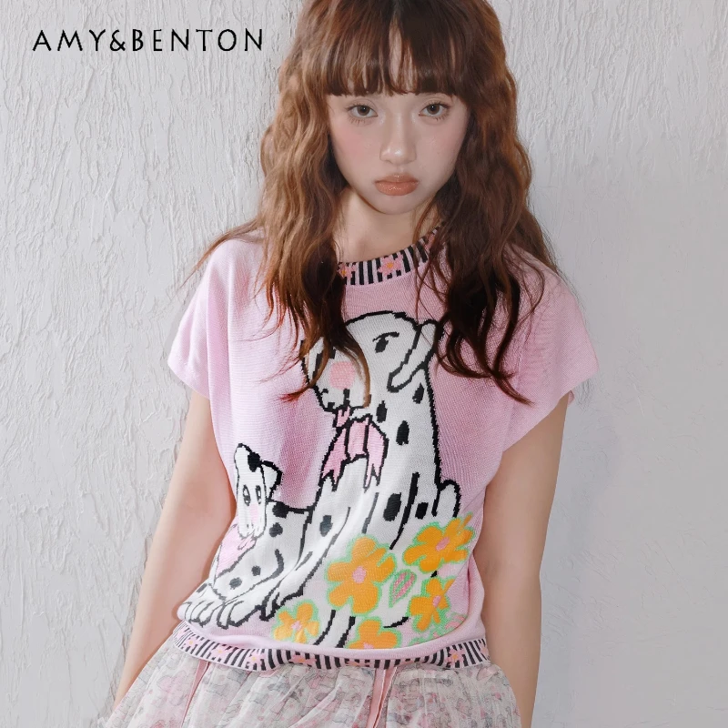

Summer Pink Animal Print Knitted Women's T-shirt Original Design Round Neck Loose Thin Versatile Short-sleeved T-shirts Ladies
