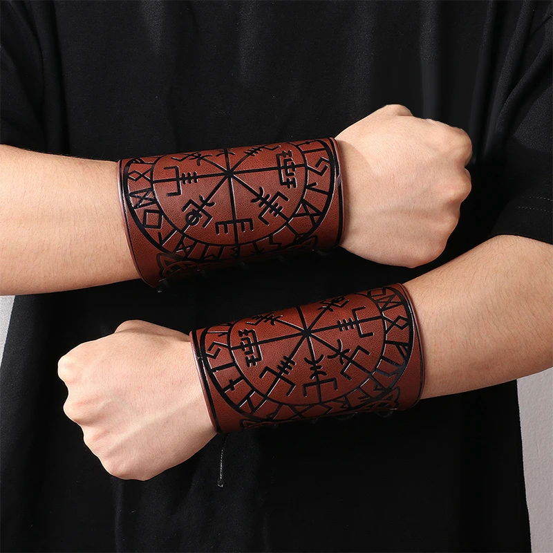 Fashion Punk Men Women Cosplay Wide Leather Bracelet Arm Armor Cuff Wrist Guard Viking Pattern Wide Bracelet Wristband Jewelry