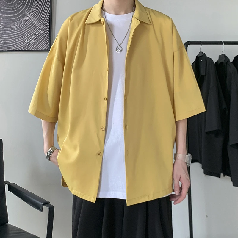 Half Sleeve Shirts Men Clothing All-match Ulzzang Fashion Students Handsome Summer Thin Casual Simply Baggy Hemden Pure Color