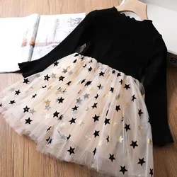 Autumn New Dress for Kids Girls 3-8 Years Black  Mesh Long-Sleeved Polka Dot Dress for Girl Korean Style Children Princess Dress