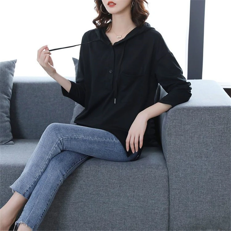 Women Korean Fashion Long Sleeve Hooded Sweatshirts Female Casual Loose Pullover Tops Solid Elegant Hoodies Autumn Winter Ropa