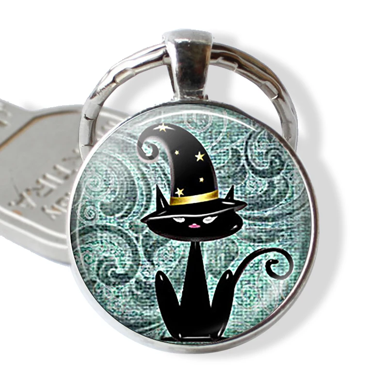 BLACK CAT Quote Keychain Lovers Keyring Cat with Broom Witch Glass Vintage Kitten Jewerly Black Cat Cabochon Key Chain Ring