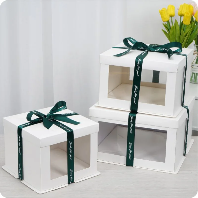 Customized productWholesale Cake Boxes With Window Luxury Cake Packaging With Ribbon Birthday Wishes Cake Box Ribbons