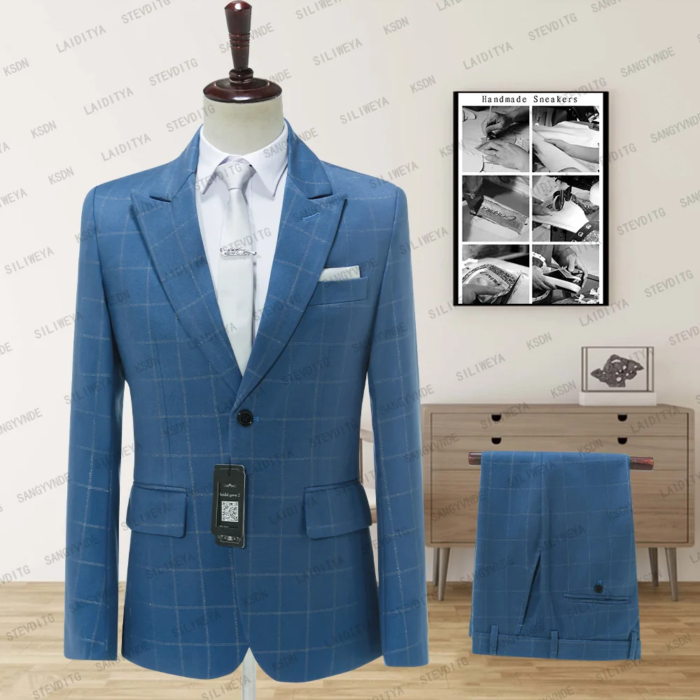 

SILIWEYA 2023 New Style Blue Lattice Suits Mens Dress Mens Suits With Pants Club Terno Groomsmen Wedding Best Man 2 pieces