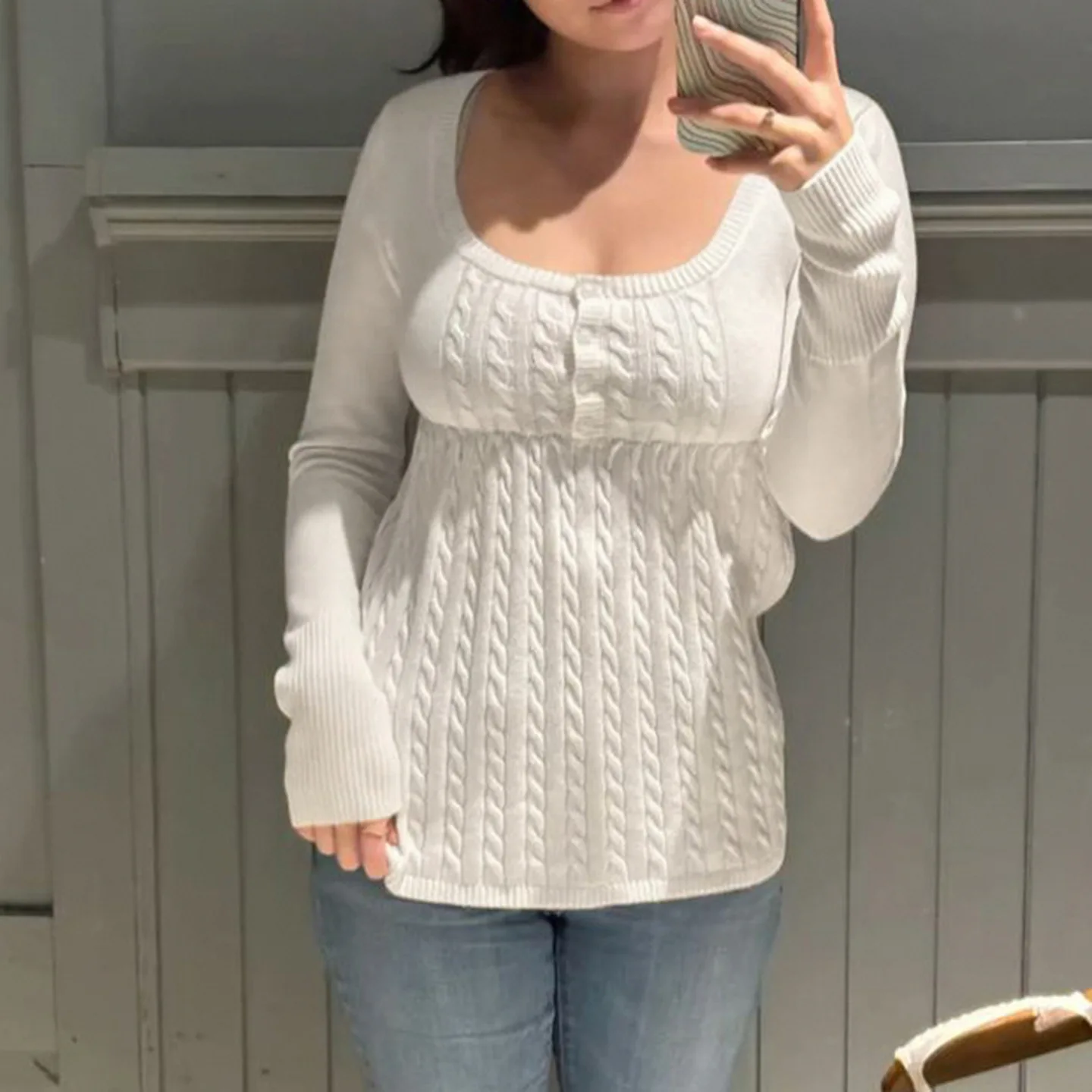 

Early Autumn Gentle Wind Solid Color U-neck Knitted Sweater 2025 New High-waisted A-line Solid Color Twist Top Women's Clothing