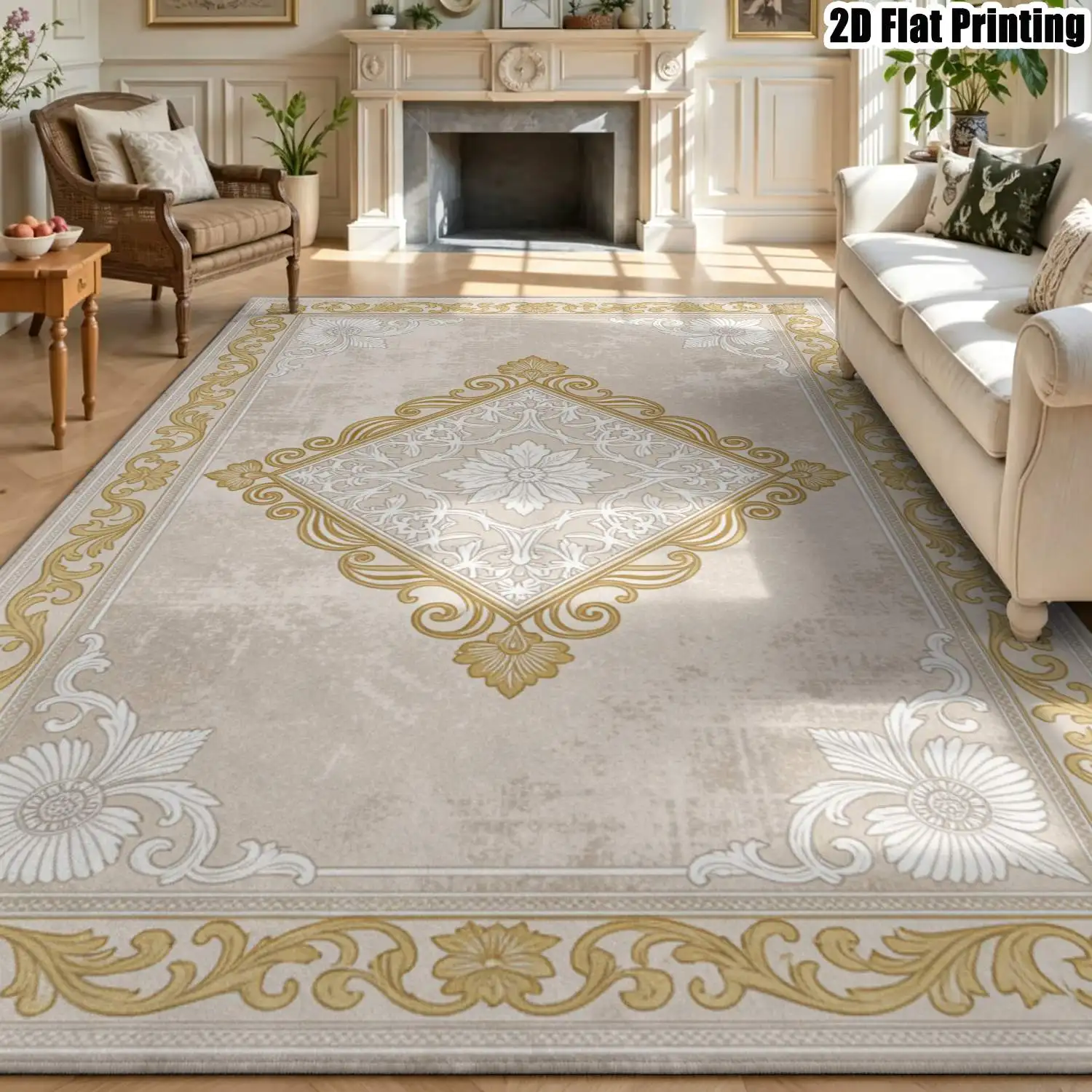 1Pc 2D Printed Carpet: Beige Floral & Geometric Patterns, Vintage European Style, Machine Washable, Multi-Size, Ideal for Home Decor & Various Scenes
