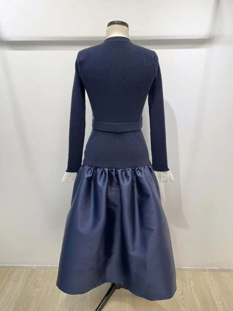 Büro Damen Elegante Designer Dunkelblau Slim Fit Mittlere Taille Herbst Winter Frauen Langarm O Neck Patchwork Lange Stil Kleider