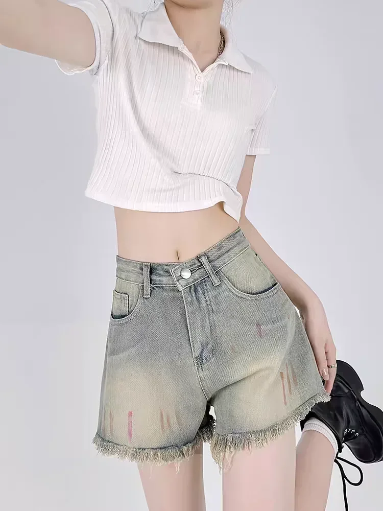 

Джинсовые шорты в американском стиле ретро, женские модные уличные тонкие повседневные женские шорты, летние синие шорты с высокой талией, женские шикарные шорты