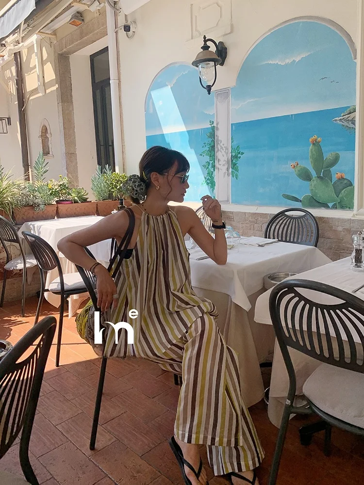 

EMH Taormina Holiday Silk Stripe Beaded Cord High Waist Wide Leg Pants Summer Set Fashionable Two-Piece Women's Ensemble
