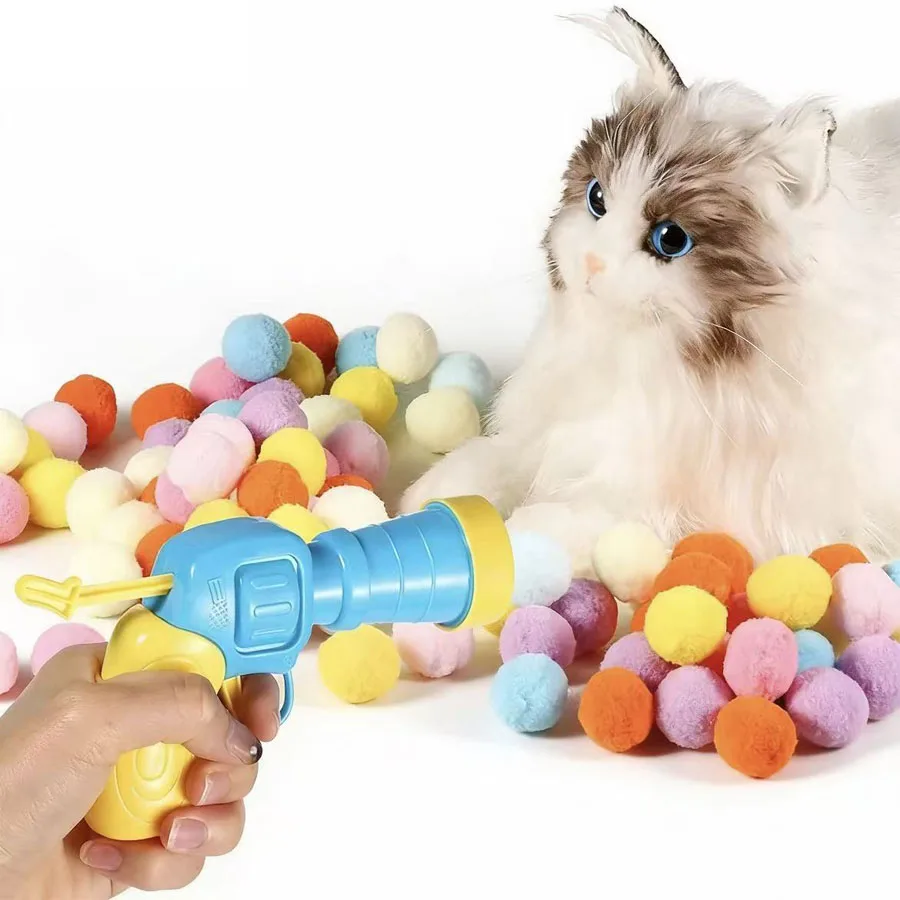 Juguete interactivo para gatos, pistola de juguete muy divertida, pelota de peluche, pistola de disparo, pelota silenciosa de poliéster de alto rebote, palo divertido para gatos