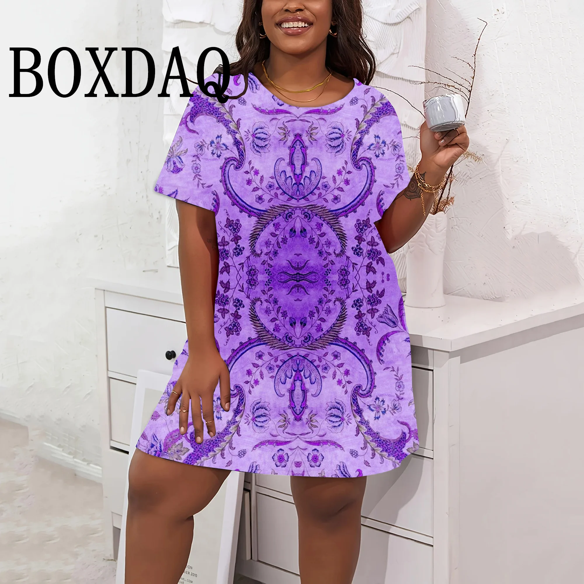 Elegant Women's Plus Size Dresses Fashion Floral Patter Popular Women's Print Dress Retro Leisure Women Loose Short Sleeve Dress