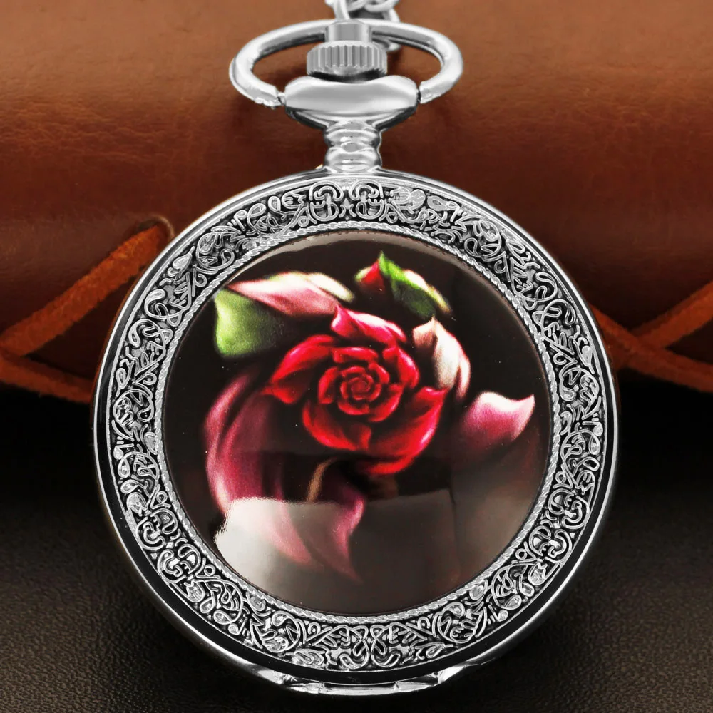 Exquise Rose Olieverfschilderij Zilver Groot Formaat Quartz Zakhorloge Vintage Unisex Ketting Hanger Accessoires Klok Cadeau