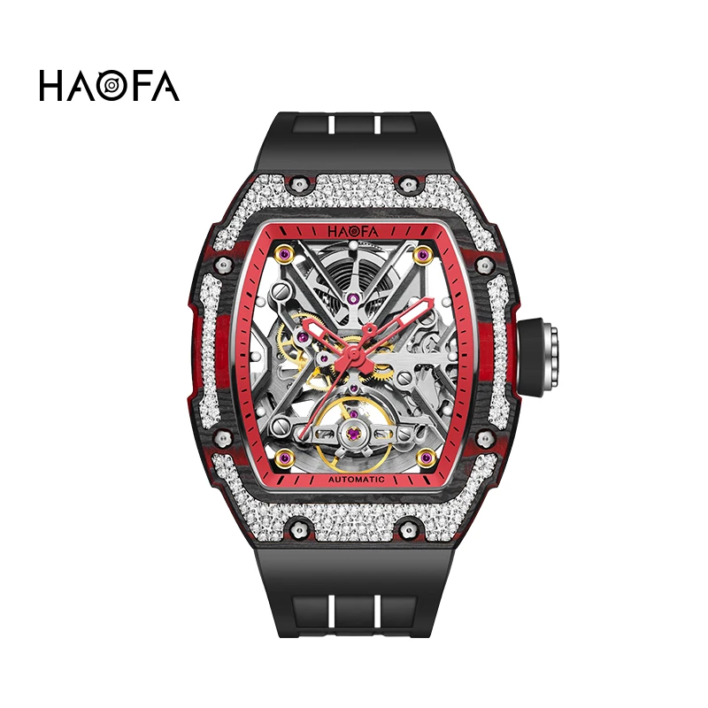 Haofa Automatic Watch for Men Luxury Carbon Fiber Diamond Case Skeleton Mechanical Watch Sapphire Waterproof Luminous Watch 1989