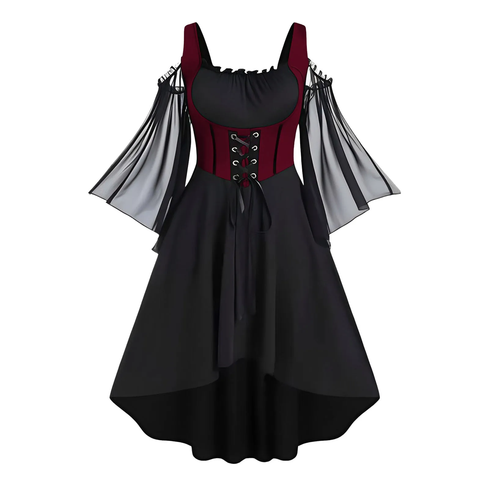 Cosplay Gothic Ruffles Dress Cold Shoulder See Through Flare Sleeves Lace Up High Low A Line Midi Vestidos Dresses For Women 5XL