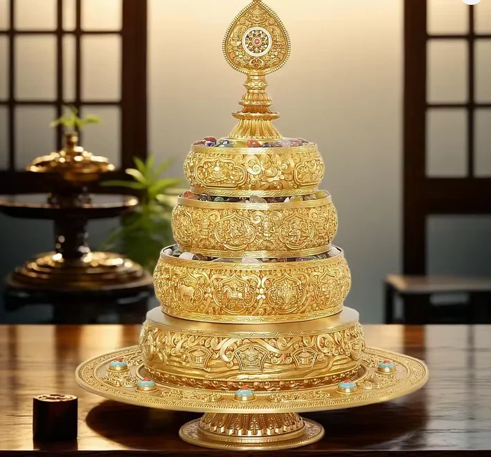 Brass Engraved 37-Heap Mandala Offering Set Tibetan Buddhist Mandala Offering Plate, Traditional Ritual Altar Decor,33m,24cm