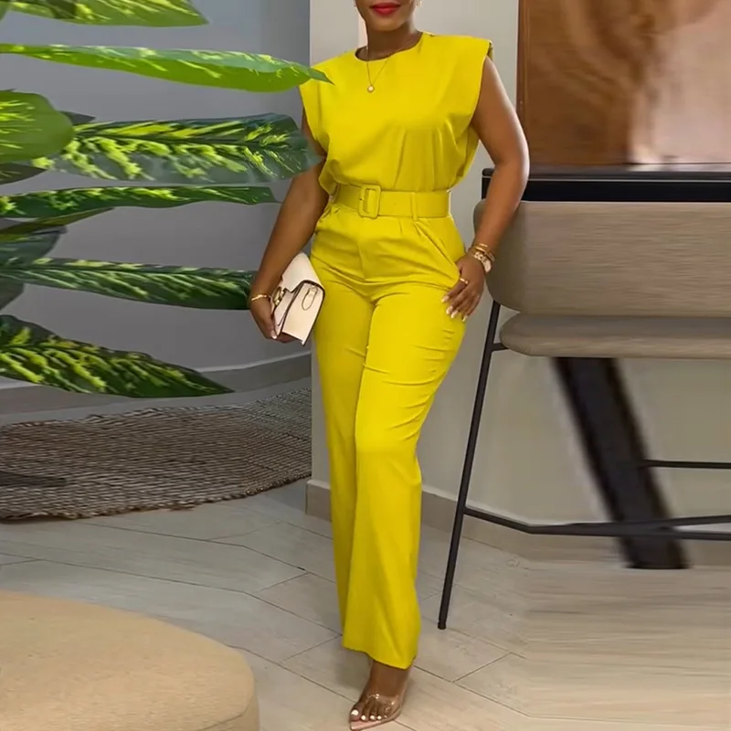 

2025 Summer New Fashionable Women's Round Neck Solid Color Slimming Top, High Waist Pants, Casual Set
