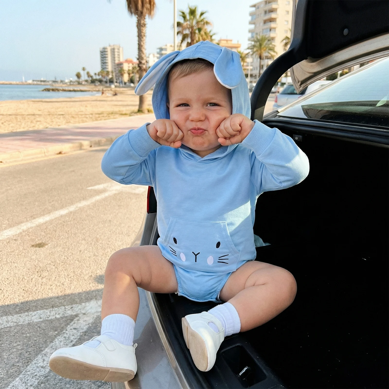 Baby Boy Girl Hooded Romper with Bunny Ears Easter Embroidered Long Sleeve Jumpsuit with Pocket Cute Infant Spring Clothes