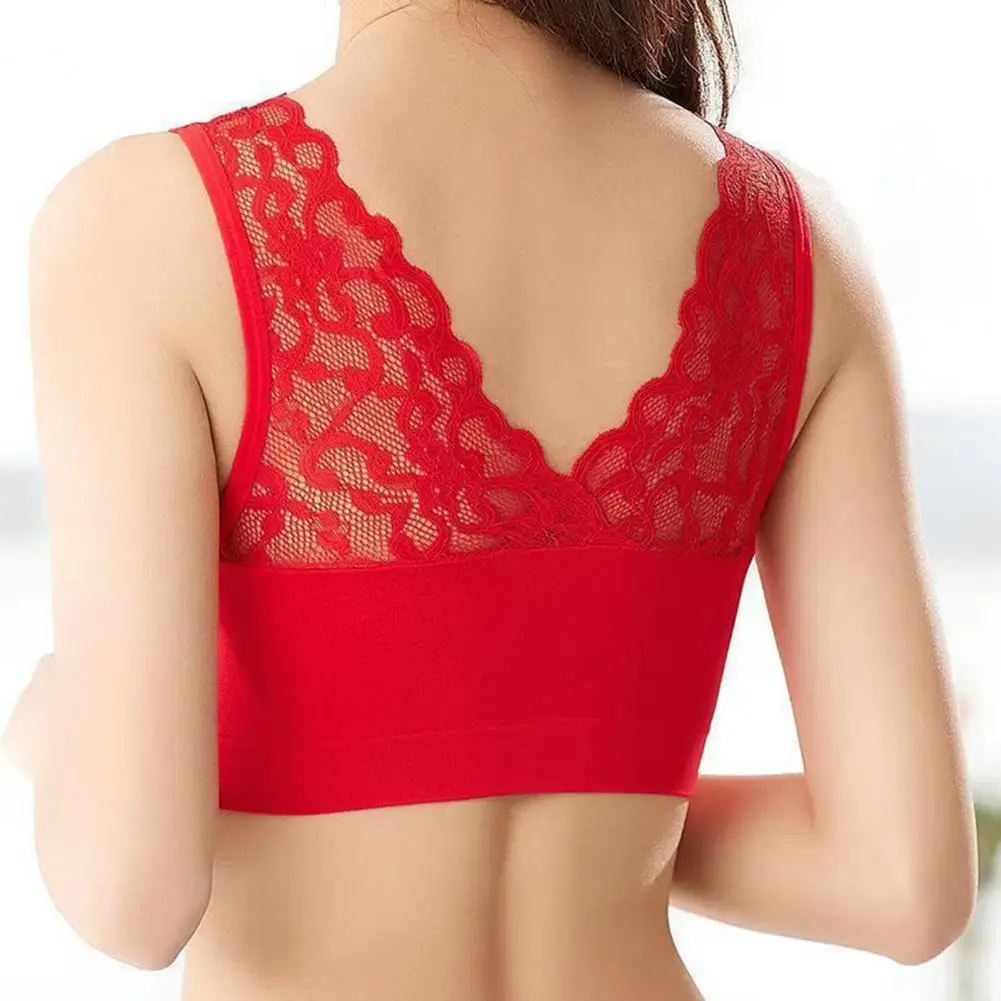 Lady Bra Solid Color Wireless Lace See-through Hollow Out Push Up V Shape Back No Constraint Padded Brassiere Female Garment