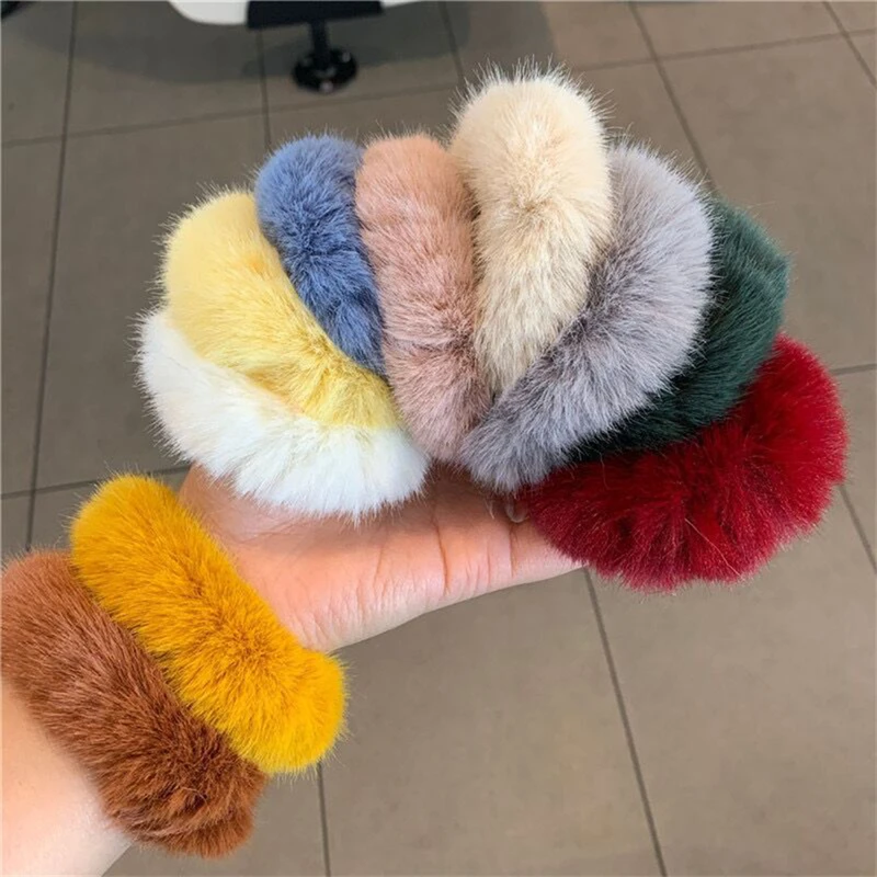 1pc Set Colored Plush Fur Elastic Hair Band Autumn Winter Ponytail Holder Elastic Rubber Band Women Girls Hair Rope Accessories