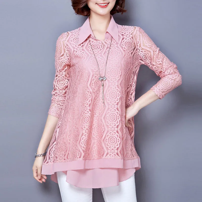 Elegant Women\'s Turn-down Collar Fashion Fake Two Pieces Chiffon Shirt Hollow Out Lace Long Sleeve Casual Blouse Female Clothing