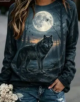 Women's Nature Eagle Sweatshirt Grey Orange Moon Sunset Cliff Print Long Sleeve Round Neck Pullover Top