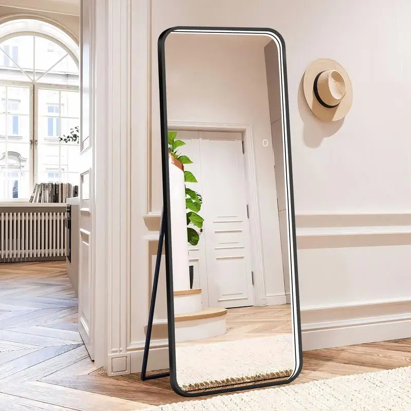 

64" Full Length LED Mirror with Dimmable 3 Color Lighting, Gold Frame, Standing/Hanging Floor Mirror for Bedroom, Living Room &