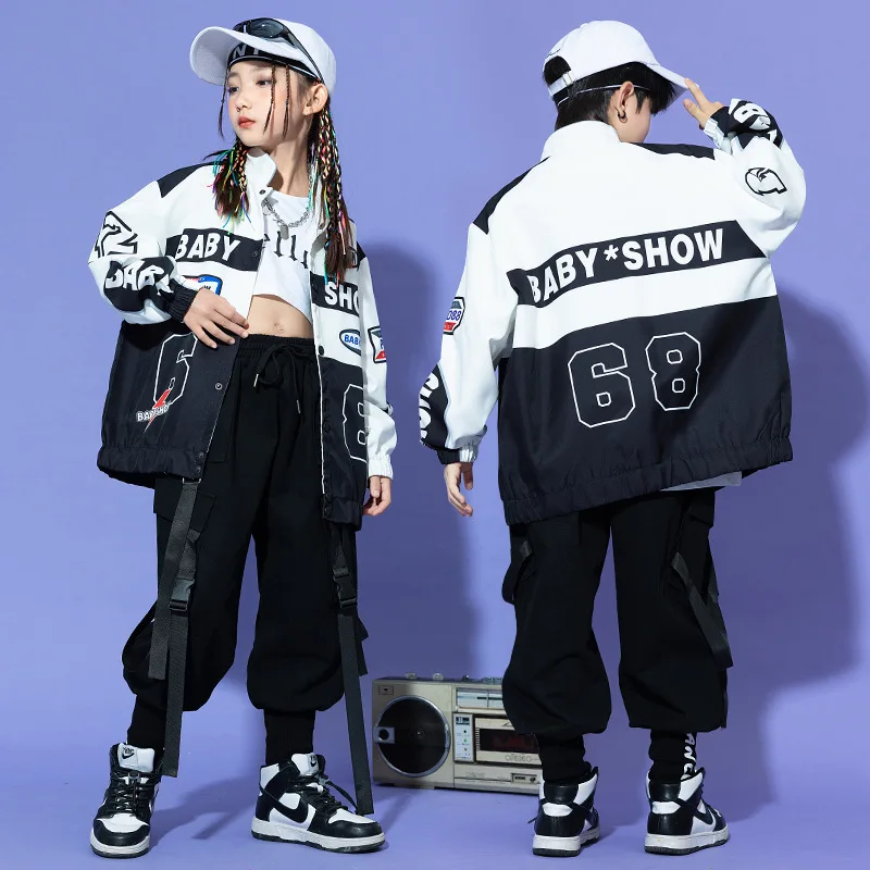 

Kid Cool Hip Hop Clothing Letter Print Racing Jacket Top Black Casual Strap Cargo Pants for Girl Boy Jazz Dance Costume Clothes