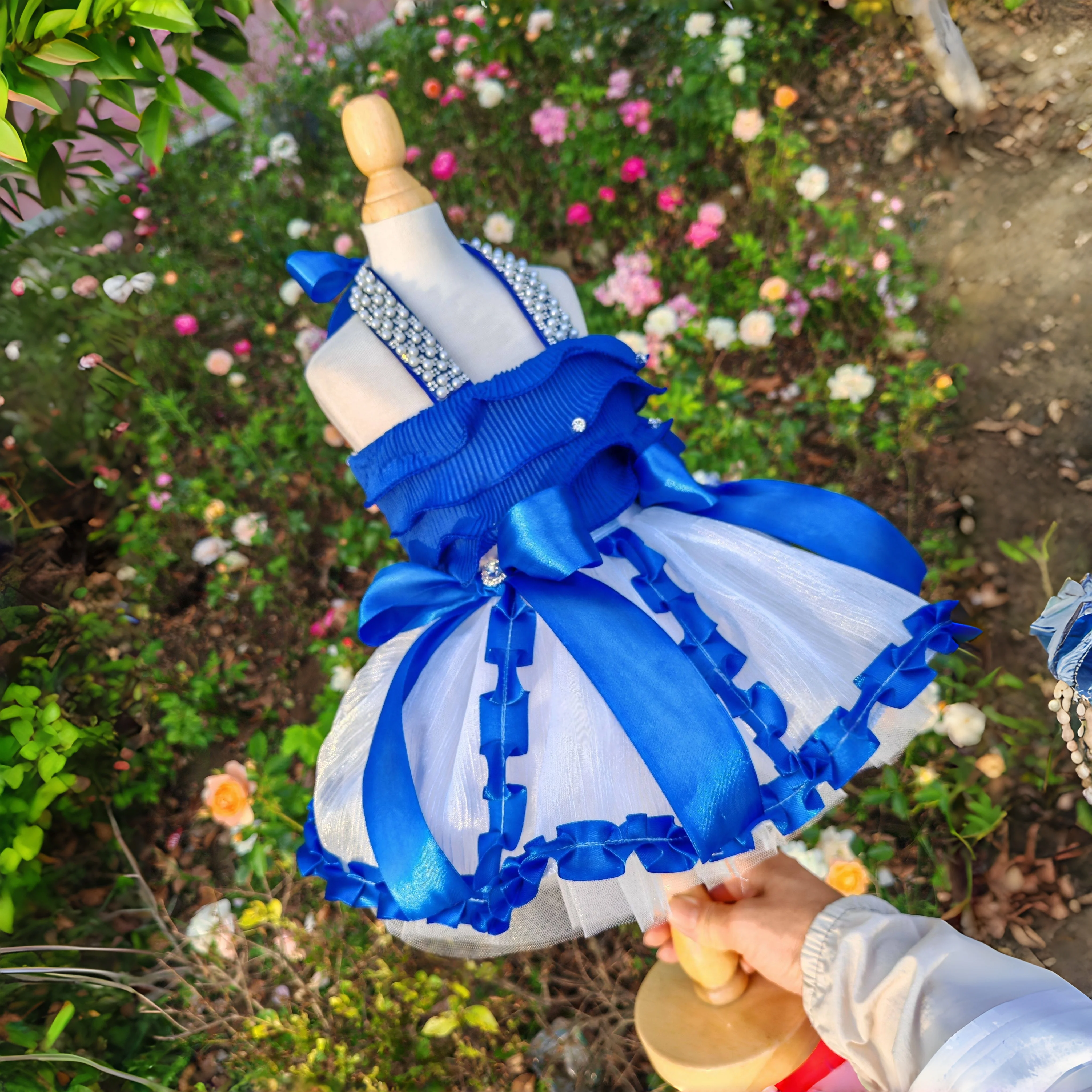 

Fashion Design Blue Cotton Handmade Original Sling Puppy Clothing Handmade Princess Dresses For Small Medium Dog Pet Clothes
