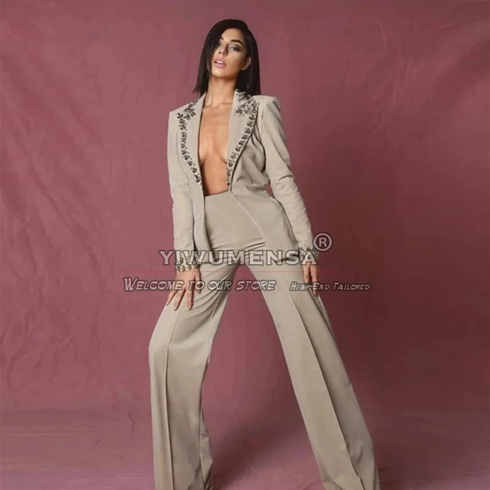 Luxury Brown Pants Suits Women Beading Stone Jacket Trousers 2 Pieces Mother Of Bride Dresses Vestidos De Fiesta Elegantes 2024