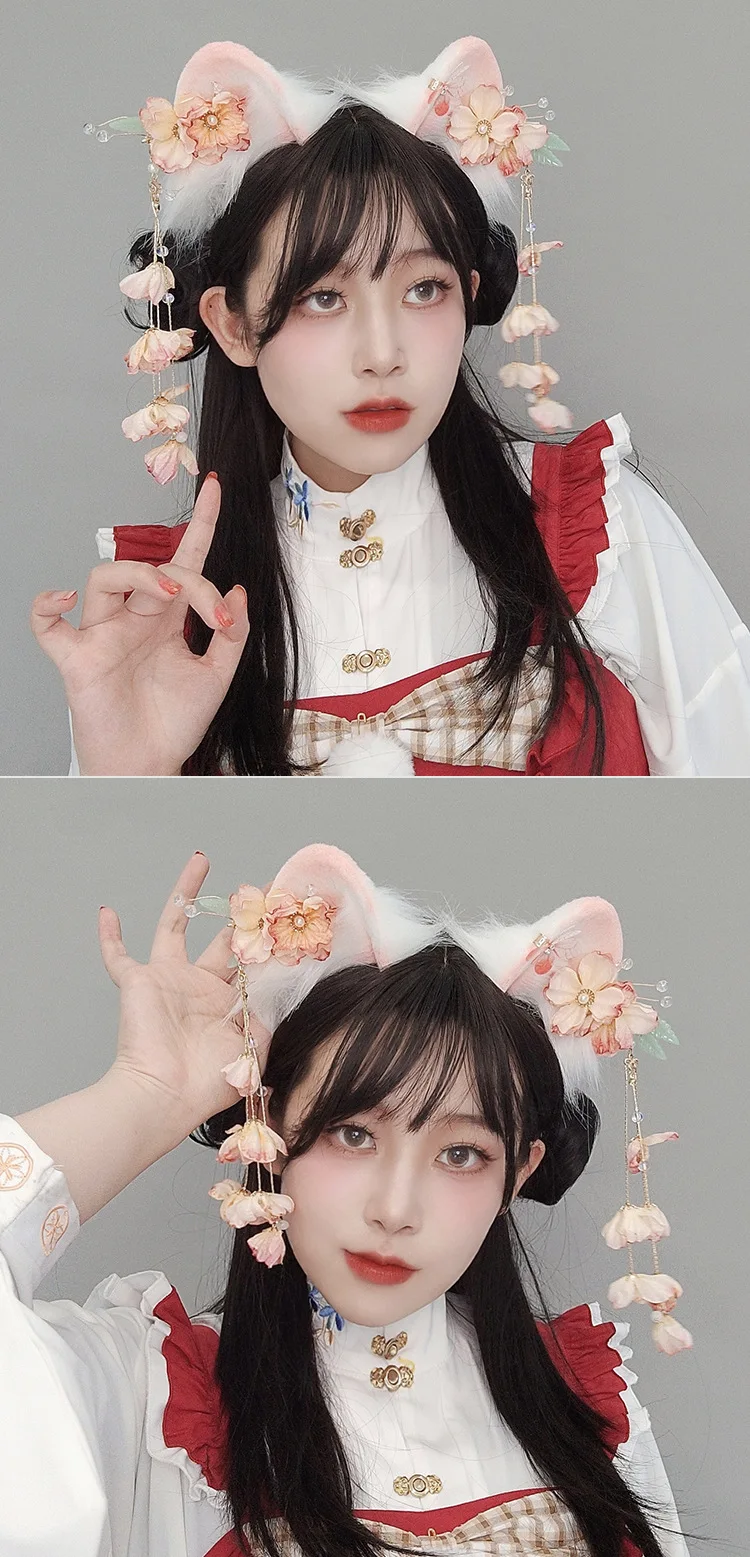 Borla orelha de gato bandana hanfu animal orelha cos acessórios antigo orelhas de gato cauda conjunto arrastar bola chapelaria
