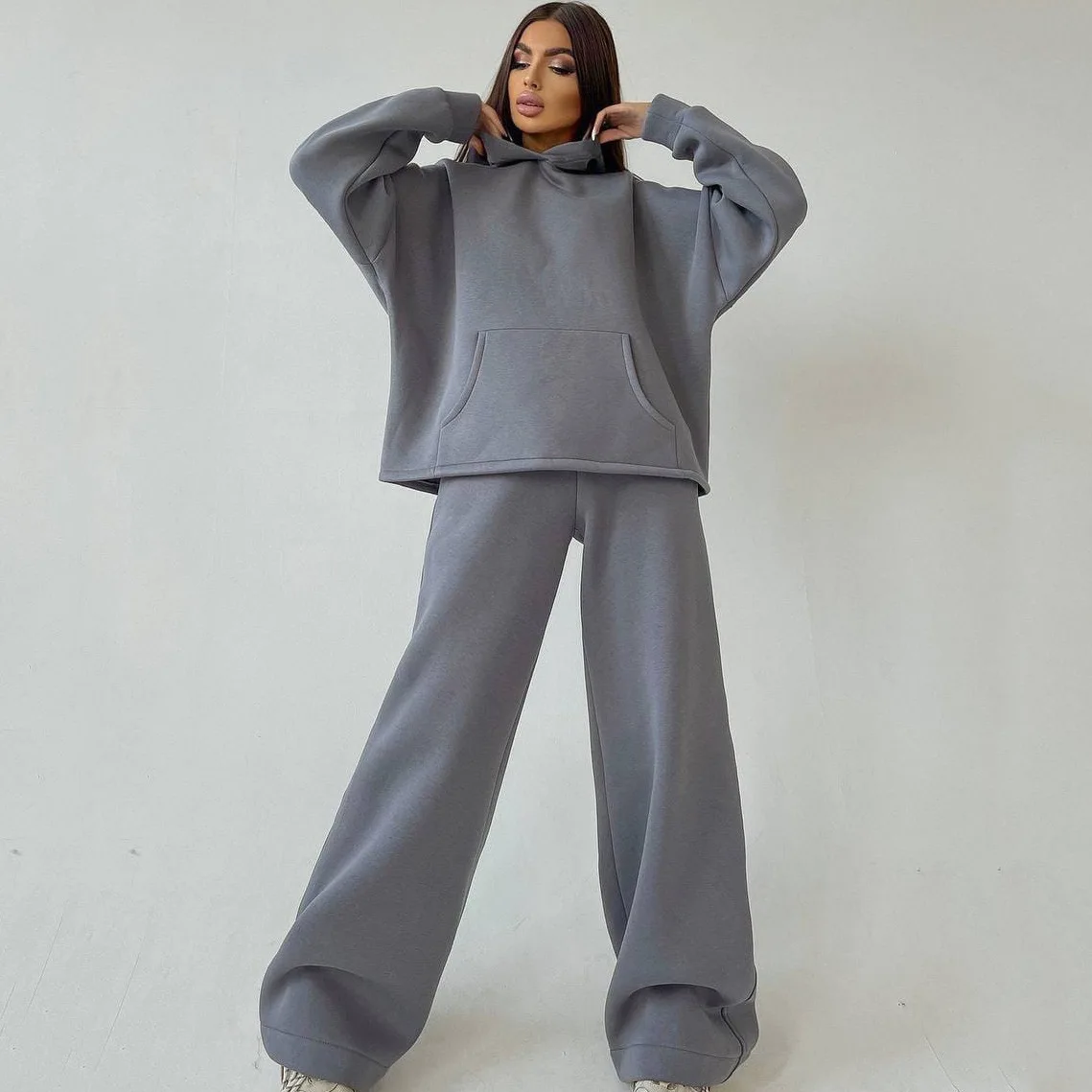 Autumn 2 Piece Set Women\'s Solid Color Loose Sports Pullover Hoodie+Fashion Casual Wide Leg Pantalones Two Piece Sets Women