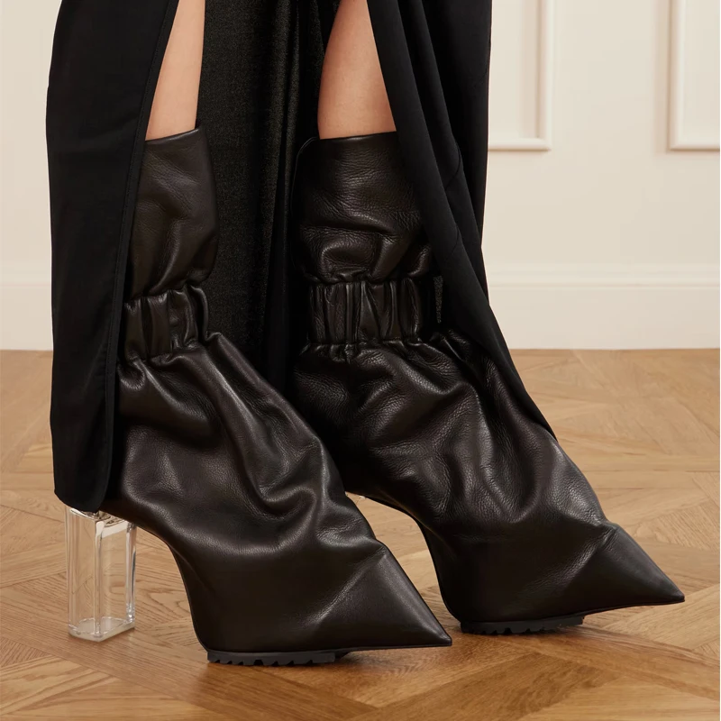 Gathered Ruched Pointed Toe Clear Block Heel Ankle Boots Woman Winter 2026 Slip On High Heel Pleated Boots Party Fashion Shoes