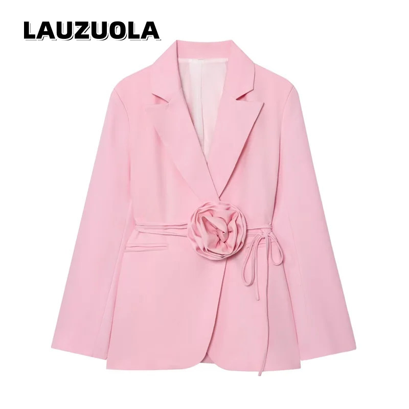 Women Blazer Jacket 3D Flower Belt Slim Suit Coat Elegant Lapel Long Sleeve Office Lady Formal Outerwear Fashion  Party Blazers