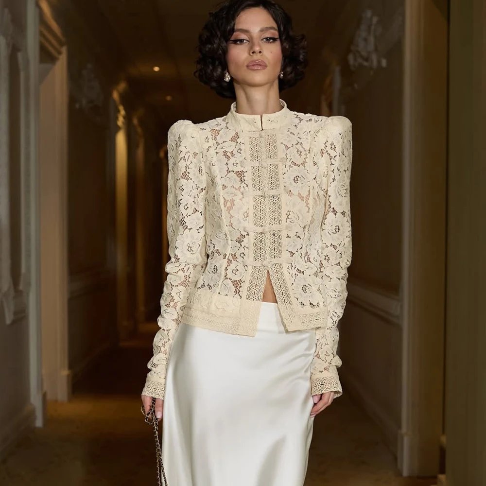 

2025 New Print Lace Up Patchwork Shirt Women's Stand Neck Hollow Out Single Breasted Top Female Fashion Elegant Luxury Top Women