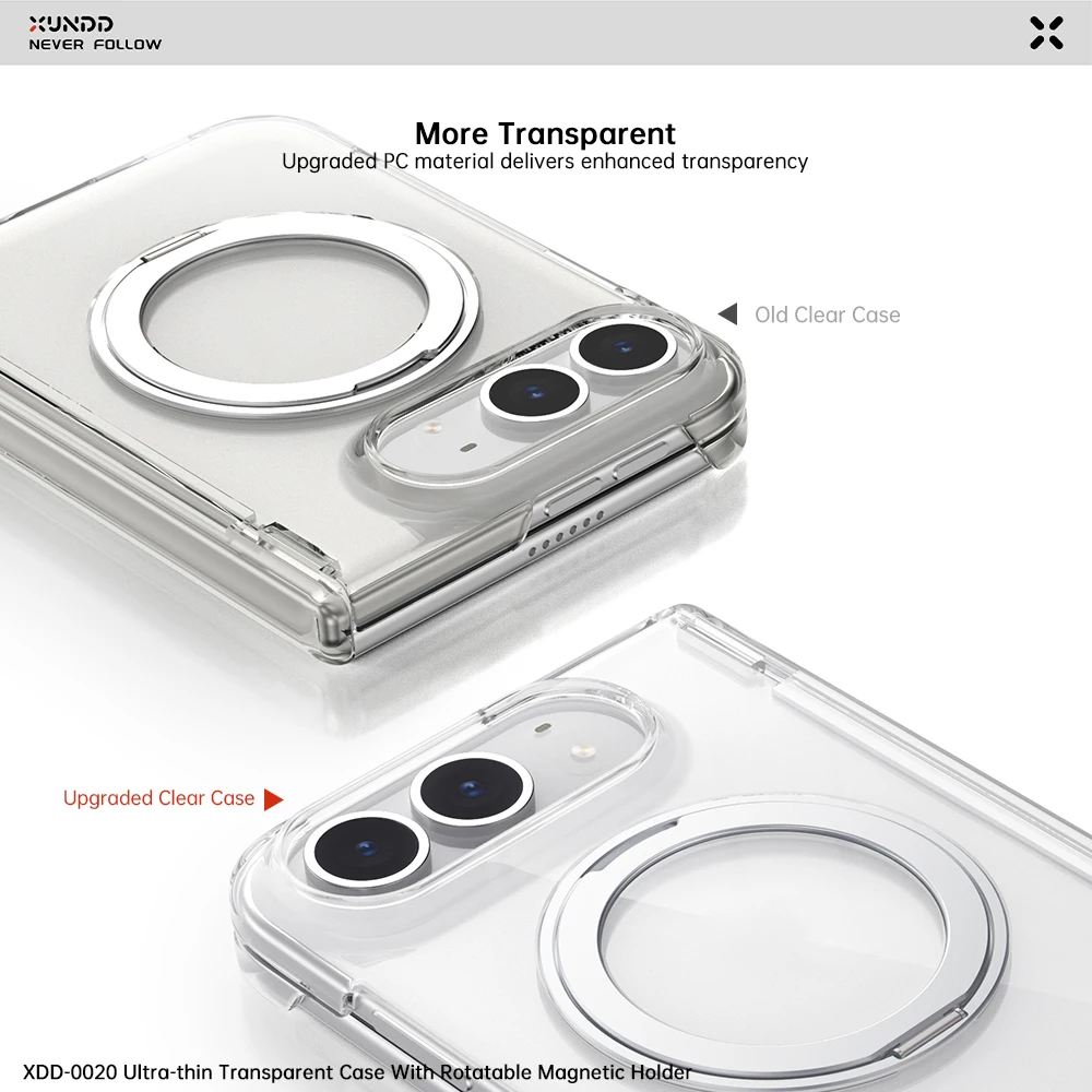 XUNDD Case For iPhone DUO Magnetic Clear Shockproof Cover 360° Rotating Ring Kickstand Anti-Yellow Slim Protective Phone Case